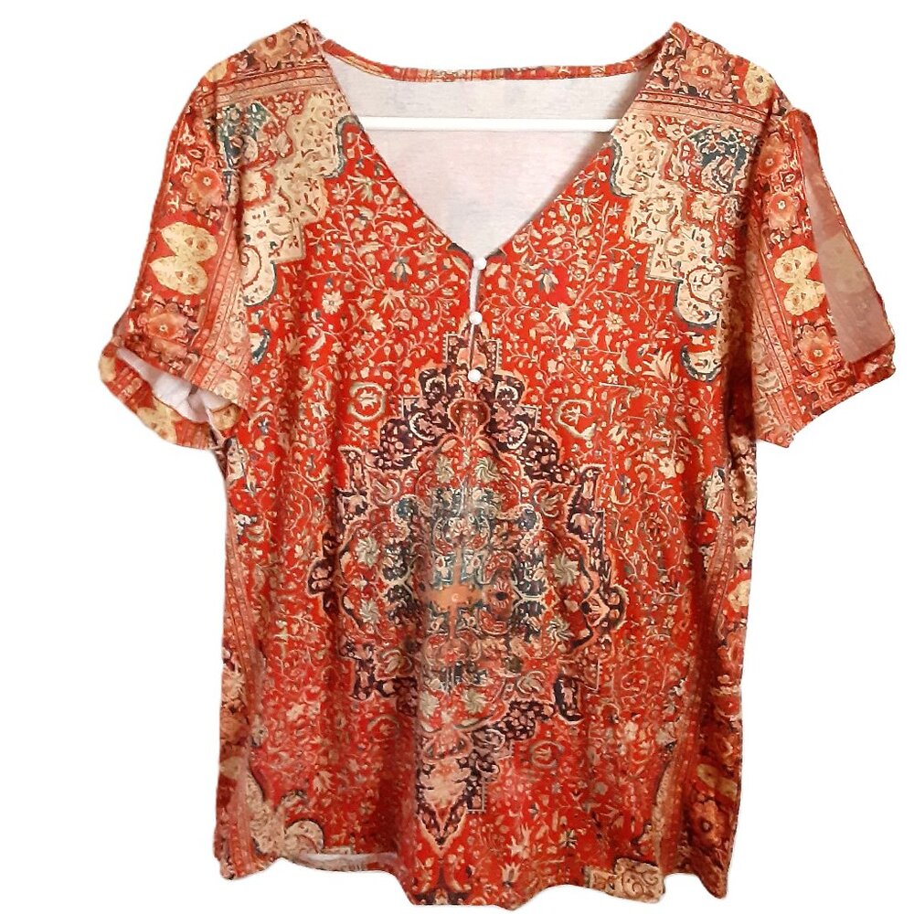 Unbranded Blouse Size XL V-Neck Pullover Short Sleeve Boho Aztec Slit Sleeve